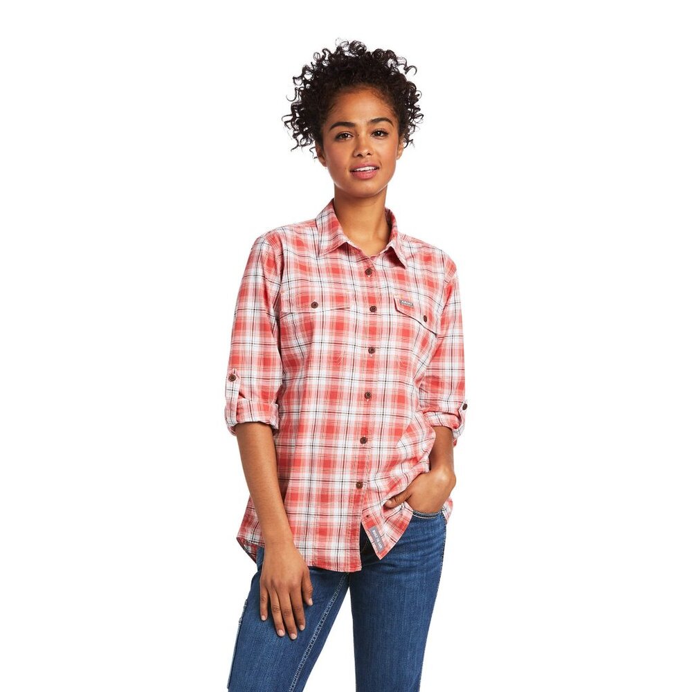 Ariat Rebar Durastretch Work Shirt Cranberry Orange Brown Plaid Sz XL